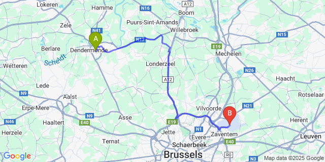 Map: Brussels Zaventem Airport (BRU) to Lutterzele