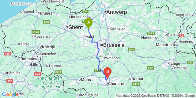 Map: Charleroi Airport Brussels South (CRL) to Lutterzele