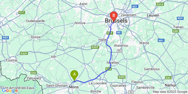 Map: Brussels Midi Train Station to Maisieres