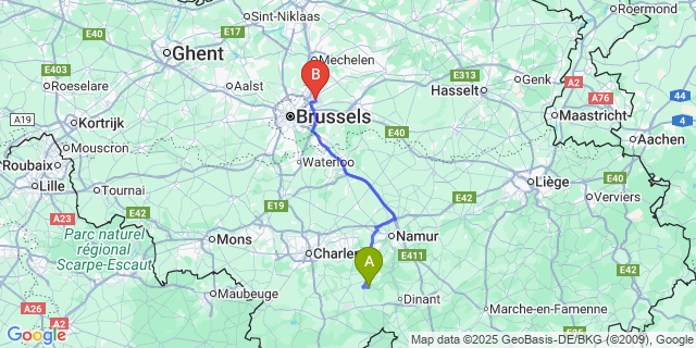 Map: Brussels Zaventem Airport (BRU) to Maredret