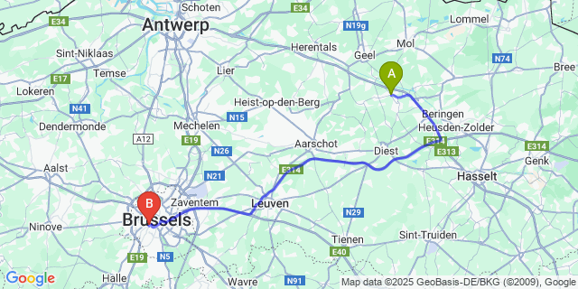 Map: Brussels Midi Train Station to Meerlaar