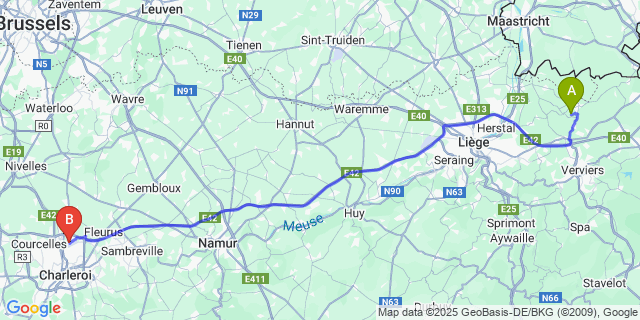 Map: Charleroi Airport Brussels South (CRL) to Messitert