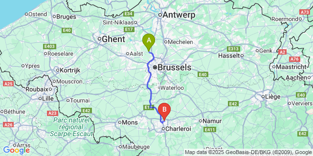 Map: Charleroi Airport Brussels South (CRL) to Meuzegem