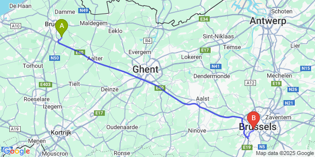 Map: Brussels Midi Train Station to Moerbrugge