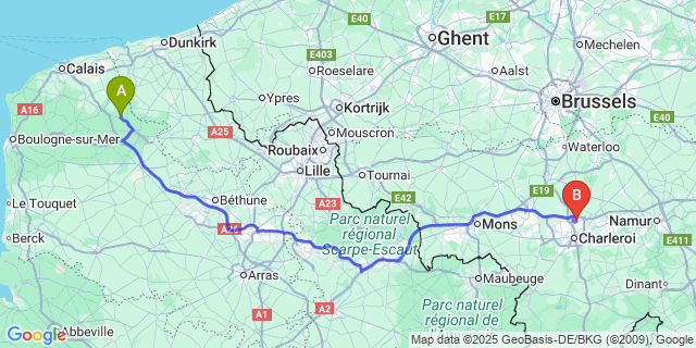 Map: Charleroi Airport Brussels South (CRL) to Mont-dle-Oufalijhe