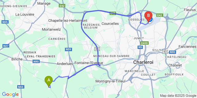Map: Charleroi Airport Brussels South (CRL) to Mont-Sainte-Genevieve