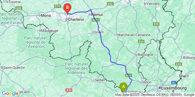 Map: Charleroi Airport Brussels South (CRL) to Montquintin