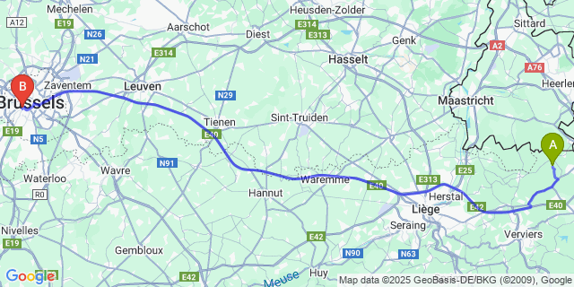 Map: Brussels Midi Train Station to Montzen-Gare