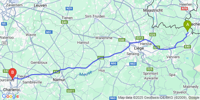 Map: Charleroi Airport Brussels South (CRL) to Moresnet-Chapelle