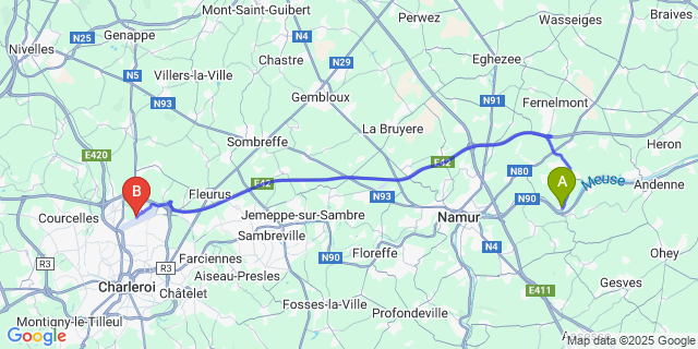Map: Charleroi Airport Brussels South (CRL) to Nameche