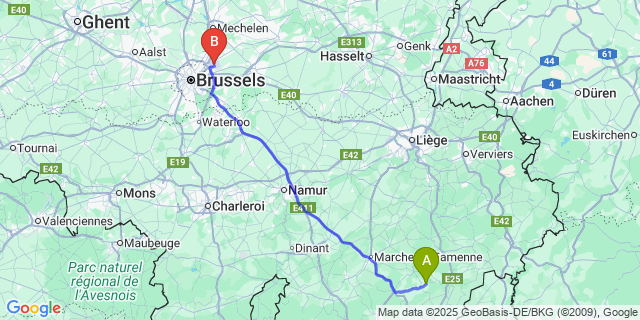 Map: Brussels Zaventem Airport (BRU) to Nisramont