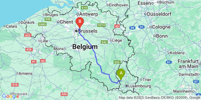 Map: Brussels Zaventem Airport (BRU) to Noedange