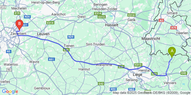 Map: Brussels Zaventem Airport (BRU) to Obsinnich