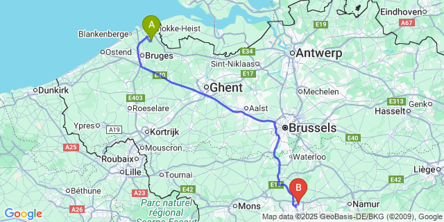 Map: Charleroi Airport Brussels South (CRL) to Oostkerke