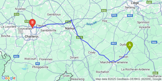 Map: Charleroi Airport Brussels South (CRL) to Oppagne