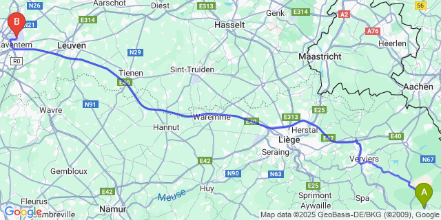 Map: Brussels Zaventem Airport (BRU) to Ovifat