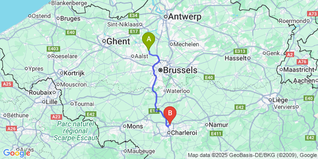Map: Charleroi Airport Brussels South (CRL) to Peizegem