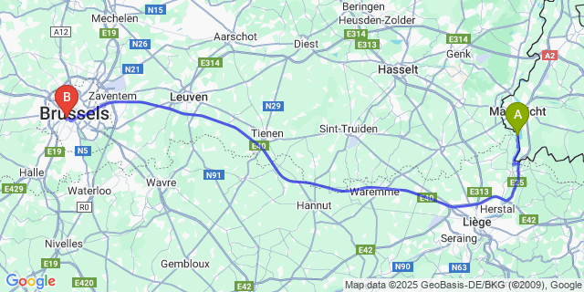 Map: Brussels Midi Train Station to Petit-Lanaye
