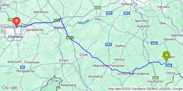 Map: Charleroi Airport Brussels South (CRL) to Provedroux