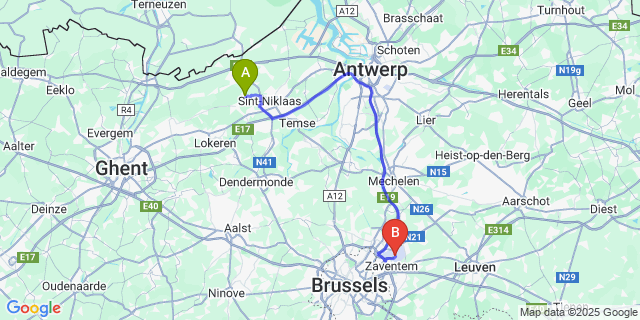 Map: Brussels Zaventem Airport (BRU) to Puivelde