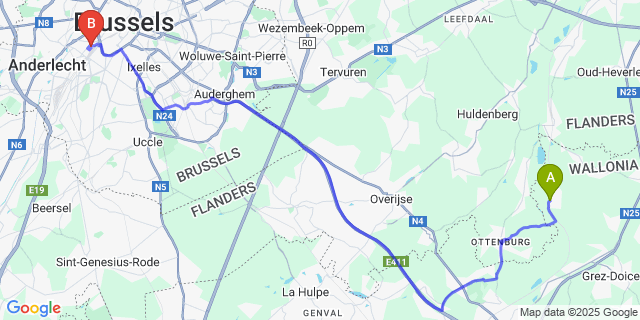 Map: Brussels Midi Train Station to Pecrot