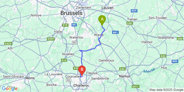 Map: Charleroi Airport Brussels South (CRL) to Pecrot