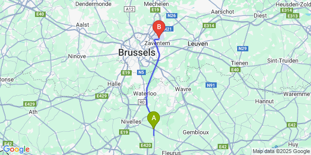Map: Brussels Zaventem Airport (BRU) to Quatre Bras
