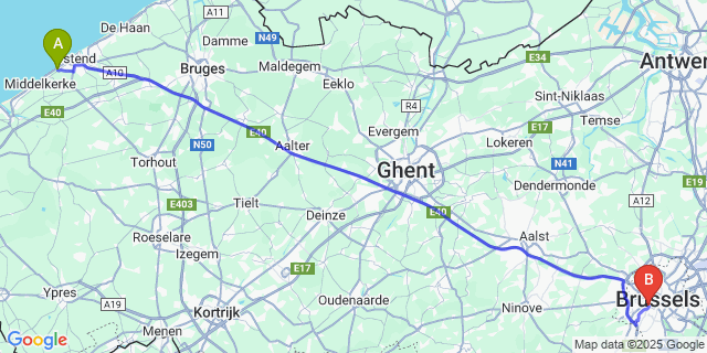 Map: Brussels Midi Train Station to Raversijde