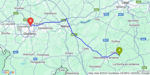 Map: Charleroi Airport Brussels South (CRL) to Rendeux-Bas
