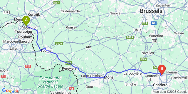 Map: Charleroi Airport Brussels South (CRL) to Risquons-Tout