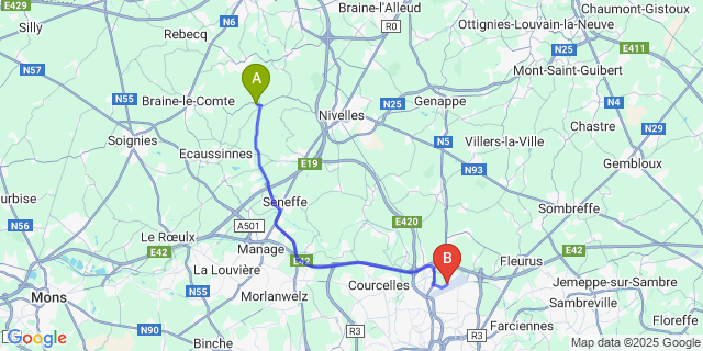 Map: Charleroi Airport Brussels South (CRL) to Ronquieres