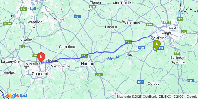 Map: Charleroi Airport Brussels South (CRL) to Rotheux-Rimiere