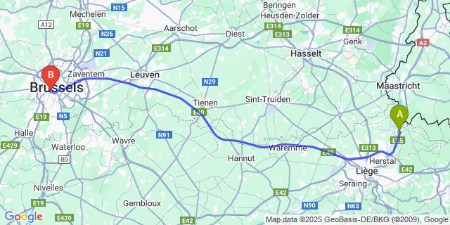 Map: Brussels Midi Train Station to Saint-Hadelin