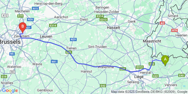 Map: Brussels Zaventem Airport (BRU) to Saint-Jean-Sart