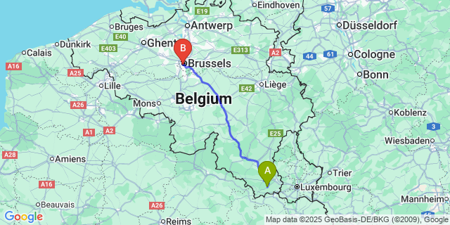 Map: Brussels Midi Train Station to Saint-Leger-en-Gaume