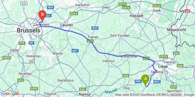 Map: Brussels Zaventem Airport (BRU) to Saint-Severin-en-Condroz