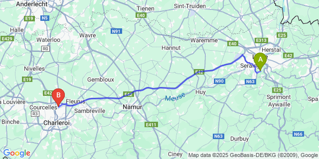 Map: Charleroi Airport Brussels South (CRL) to Sart Tilman