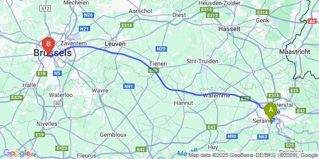 Map: Brussels Midi Train Station to Sclessin