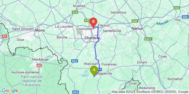 Map: Charleroi Airport Brussels South (CRL) to Senzeilles