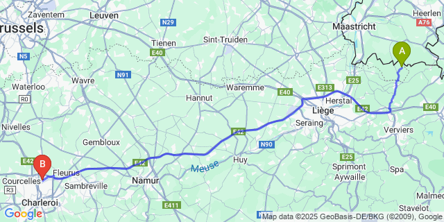 Map: Charleroi Airport Brussels South (CRL) to Sinnich