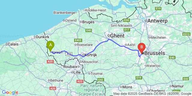 Map: Brussels Midi Train Station to Sint-Jan-ter-Biezen