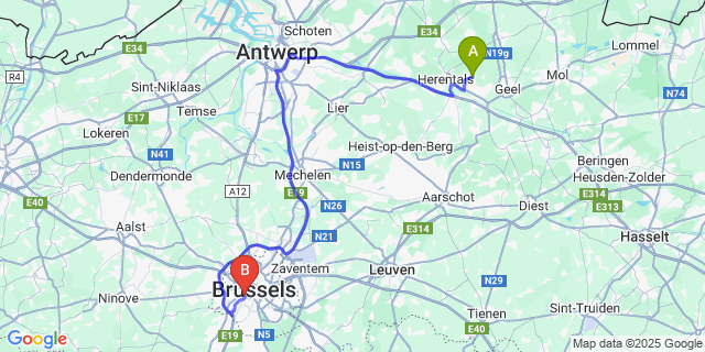 Map: Brussels Midi Train Station to Sint-Jozef-Olen