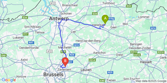 Map: Brussels Zaventem Airport (BRU) to Sint-Jozef-Olen