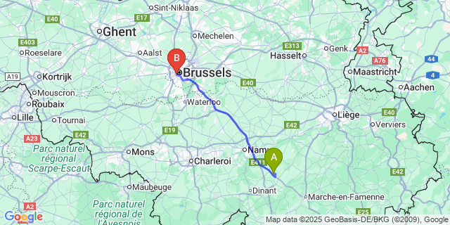 Map: Brussels Midi Train Station to Skeuvre