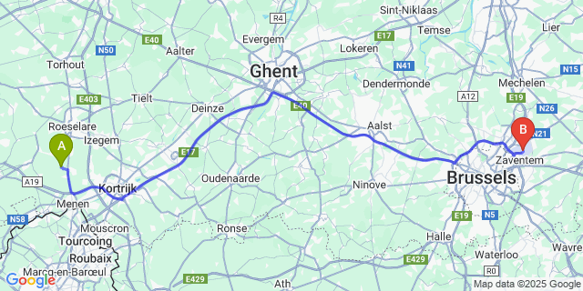 Map: Brussels Zaventem Airport (BRU) to Slypskapelle