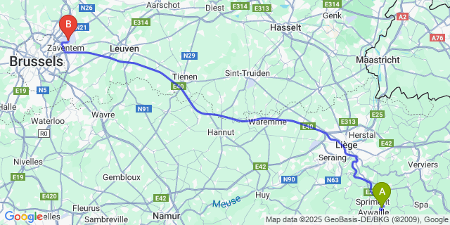 Map: Brussels Zaventem Airport (BRU) to Sougne