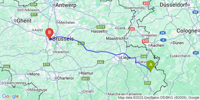 Map: Brussels Midi Train Station to Sourbrodt