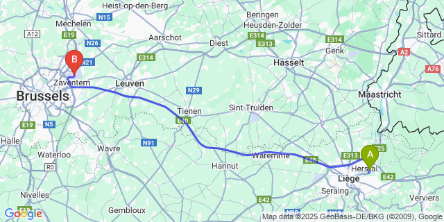 Map: Brussels Zaventem Airport (BRU) to Souverain-Wandre