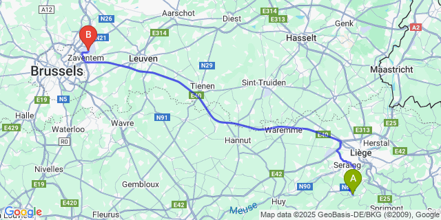 Map: Brussels Zaventem Airport (BRU) to Strivay