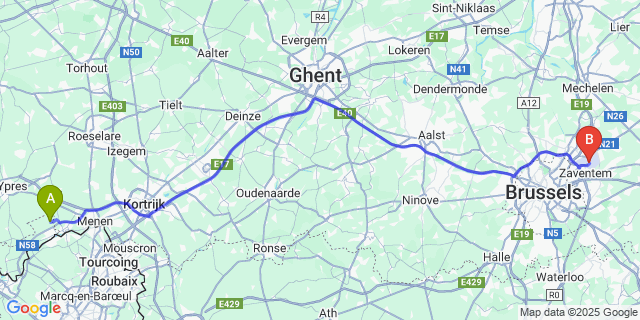 Map: Brussels Zaventem Airport (BRU) to Ten Brielen